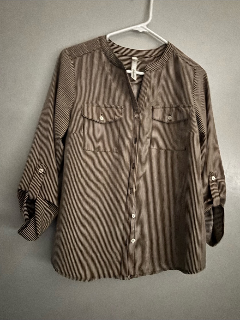 Women’s Tan Pinstripe Button-Up Shirt
